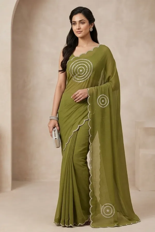 Mehendi_Green_Embroidered_Saree_With_Scalloped_Border
