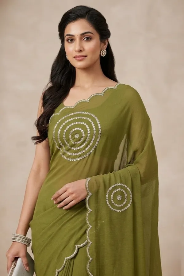 Mehendi_Green_Embroidered_Saree_With_Scalloped_Border