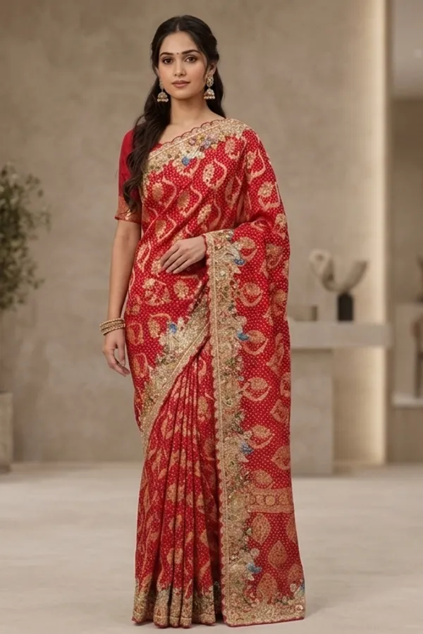 Red_Banarasi_Silk_Saree_With_Golden_Buti_Work_And_Embellished_Border