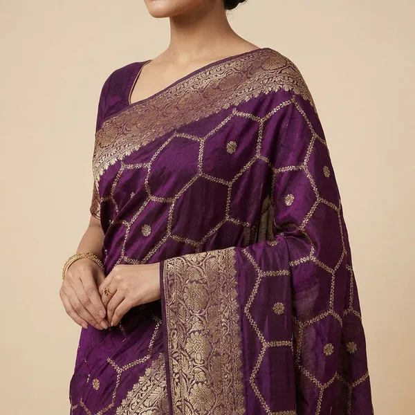 Purple_Georgette_Saree_With_Golden_Embroidery_Work_And_Border