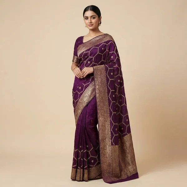 Purple_Georgette_Saree_With_Golden_Embroidery_Work_And_Border
