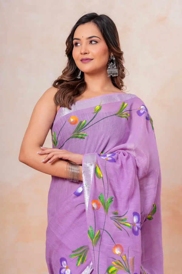 Purple_Floral_Embroidered_Linen_Saree_With_Silver_Border
