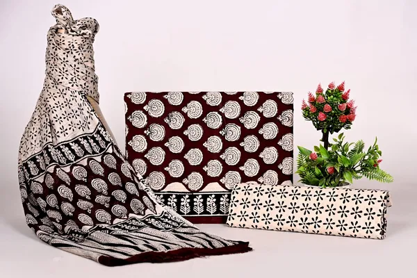 Handcrafted_Ajrakh_Block_Print_Fabric_Bundle_Brown_And_White_Patterns_Chiffon_Dupatta_Suit