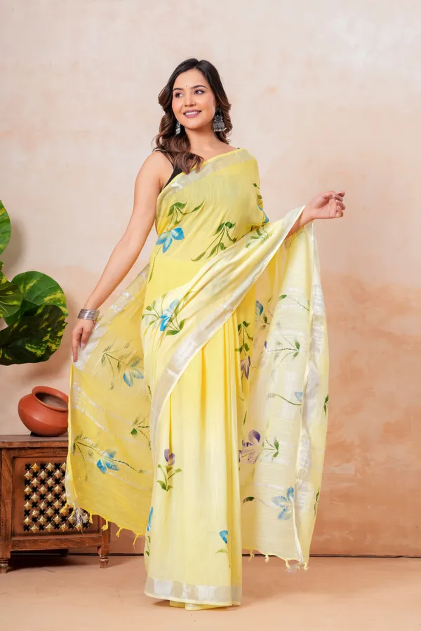 Yellow_Floral_Printed_Linen_Saree_With_Silver_Border