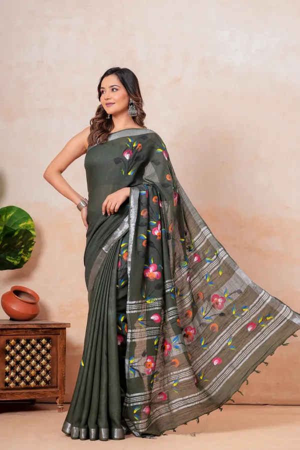 Elegant_Olive_Green_Floral_Embroidered_Saree_With_Silver_Border