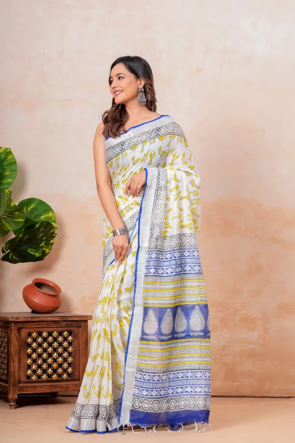 Elegant_White_And_Blue_Block_Printed_Linen_Saree_With_Zari_Border