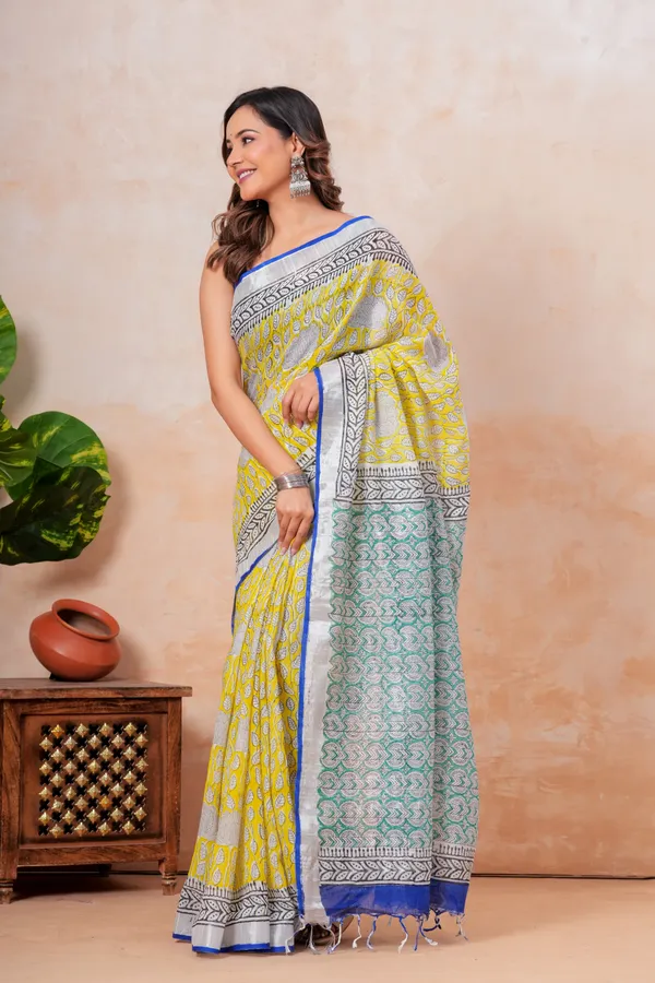 Yellow_Handloom_Block_Printed_Saree_With_Blue_Border