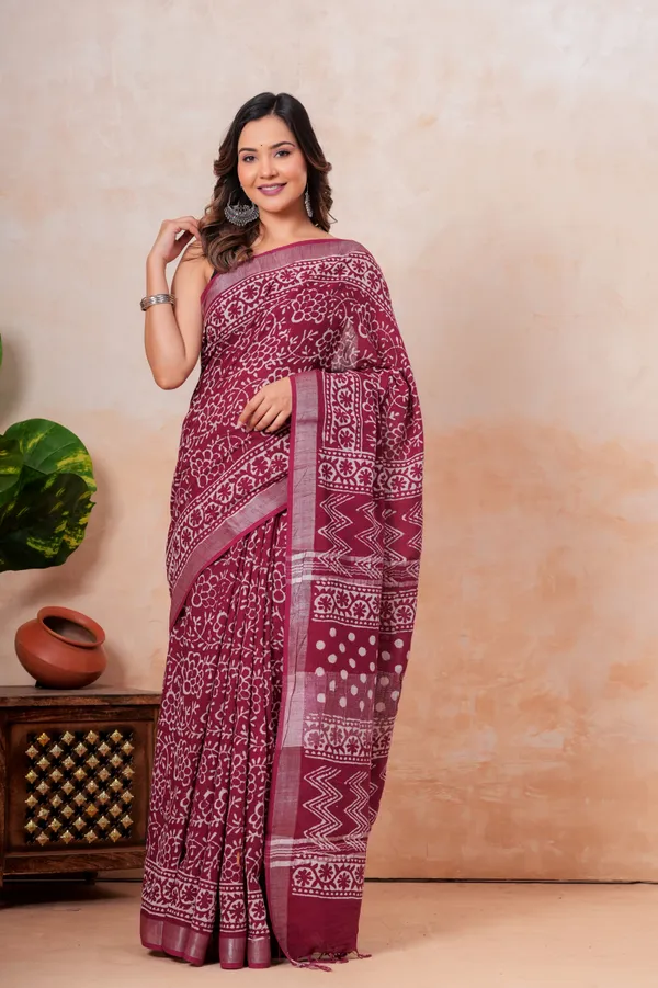 Maroon_Batik_Print_Linen_Saree_With_Block_Print_Design