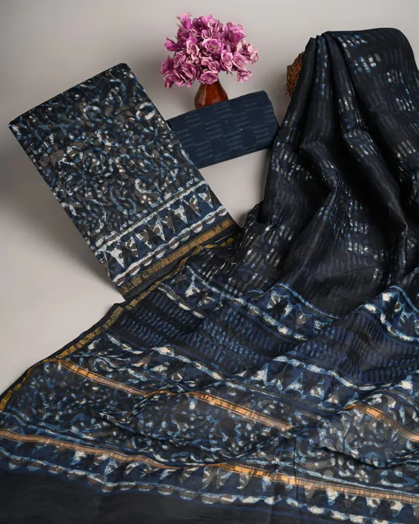 Elegant_Black_And_Grey_Cotton_Dress_Material_With_Dupatta_Chanderi_Suit