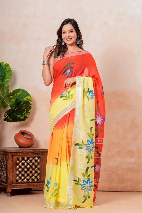 Vibrant_Floral_Printed_Linen_Saree_With_Yellow_And_Orange_Ombre_Design