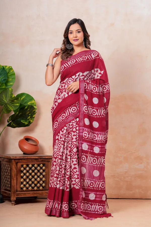 Maroon_And_White_Block_Printed_Linen_Saree_With_Geometric_Patterns