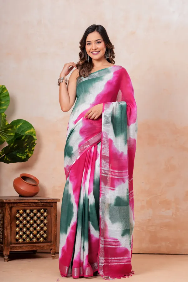 Tie_Dye_Linen_Saree_With_Silver_Zari_Border_Pink_And_Green