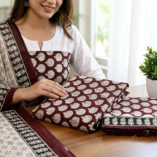 Handcrafted_Ajrakh_Block_Print_Fabric_Bundle_Brown_And_White_Patterns_Chiffon_Dupatta_Suit