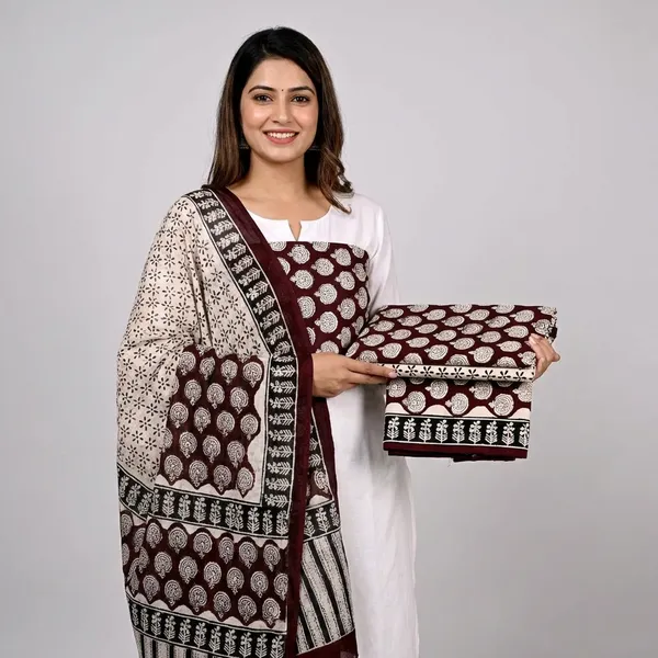 Handcrafted_Ajrakh_Block_Print_Fabric_Bundle_Brown_And_White_Patterns_Chiffon_Dupatta_Suit