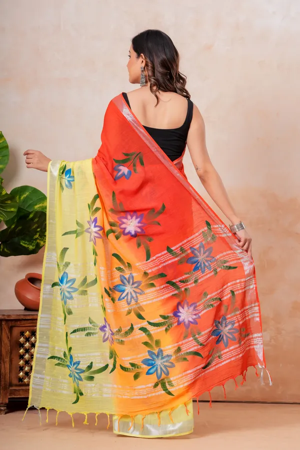 Vibrant_Floral_Printed_Linen_Saree_With_Yellow_And_Orange_Ombre_Design