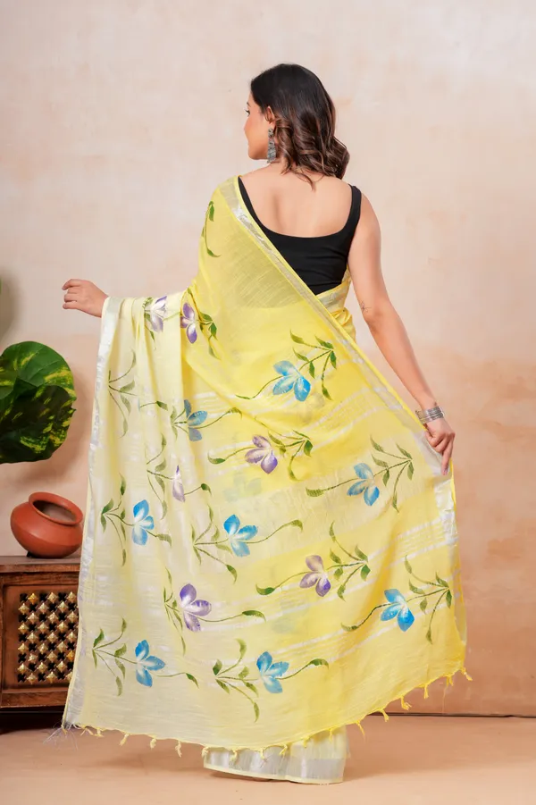 Yellow_Floral_Printed_Linen_Saree_With_Silver_Border