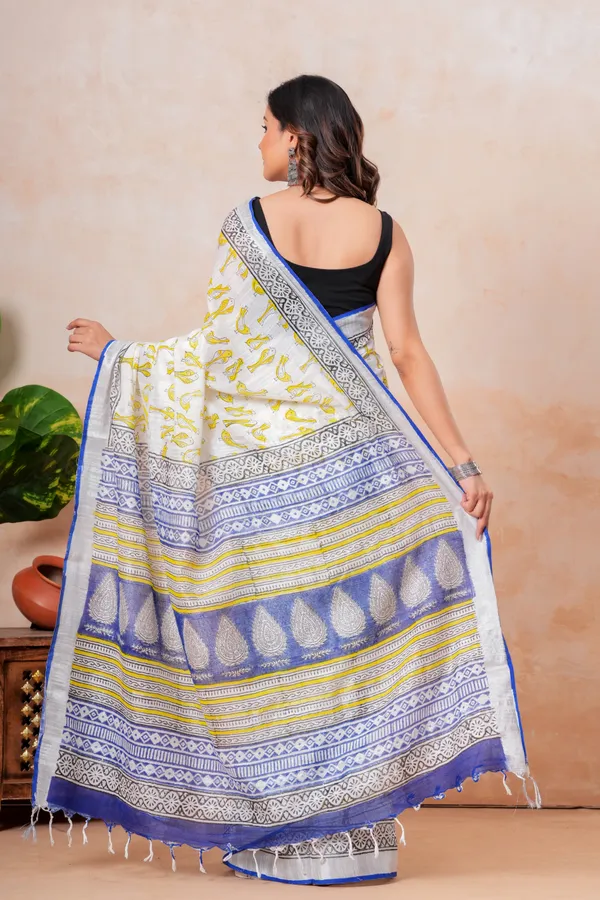 Elegant_White_And_Blue_Block_Printed_Linen_Saree_With_Zari_Border