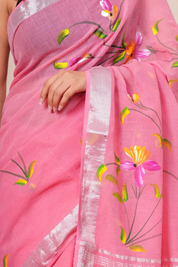 Pink_Floral_Embroidered_Jamdani_Saree_With_Silver_Border