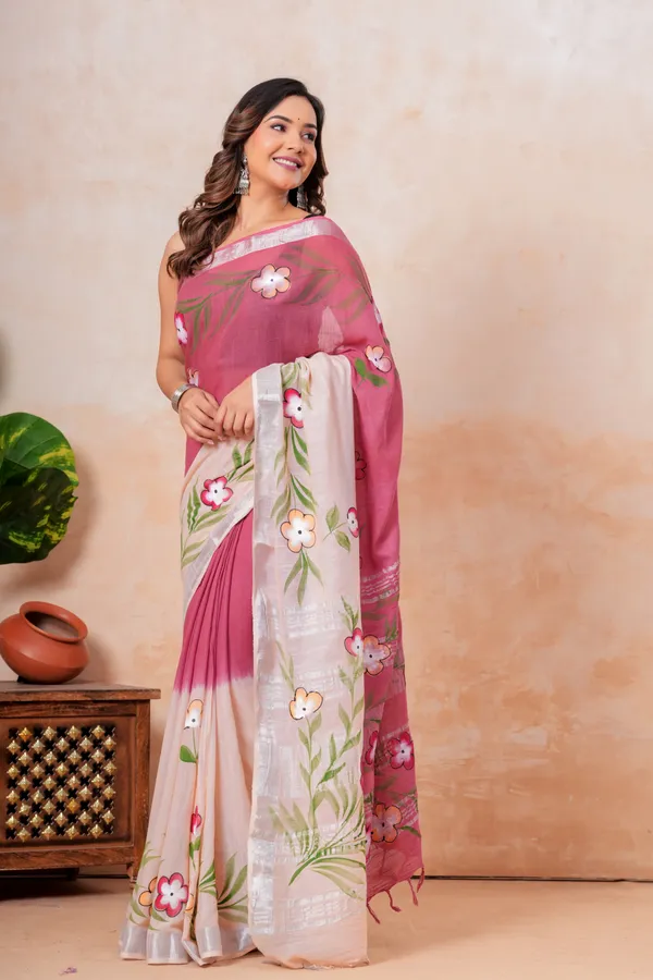 Pink_And_White_Floral_Hand_Painted_Linen_Saree_With_Blouse