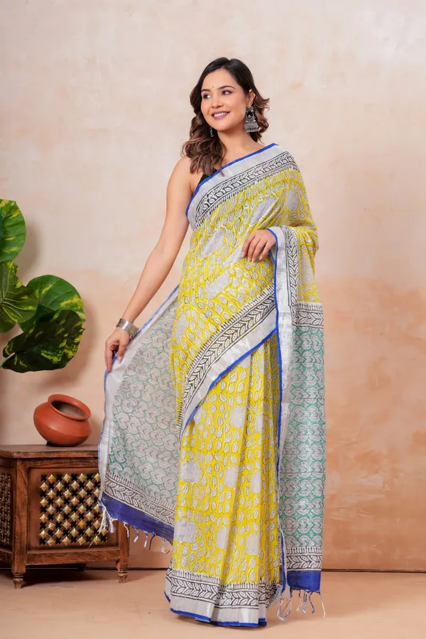 Yellow_Handloom_Block_Printed_Saree_With_Blue_Border