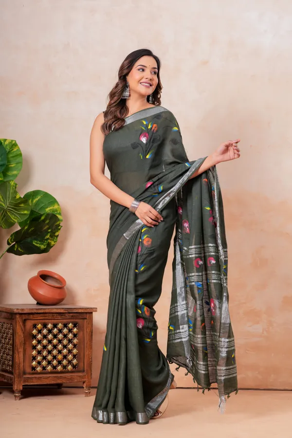 Elegant_Olive_Green_Floral_Embroidered_Saree_With_Silver_Border