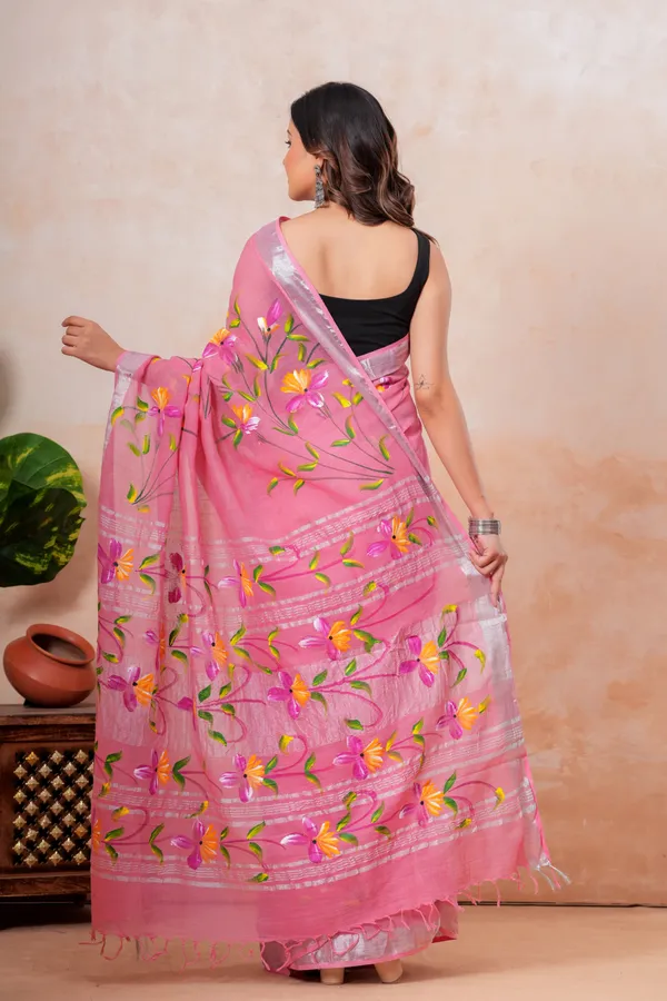Pink_Floral_Embroidered_Jamdani_Saree_With_Silver_Border