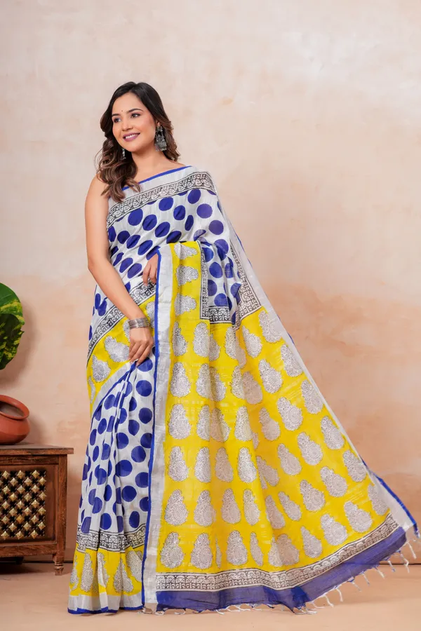 Yellow_And_Blue_Banarasi_Silk_Saree_With_Silver_Zari_Buti_Work