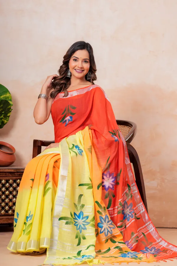Vibrant_Floral_Printed_Linen_Saree_With_Yellow_And_Orange_Ombre_Design