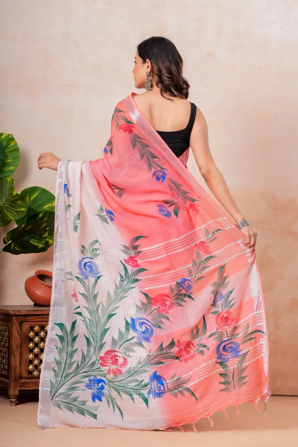 Floral_Printed_Linen_Saree_With_Blouse_Pink_And_White