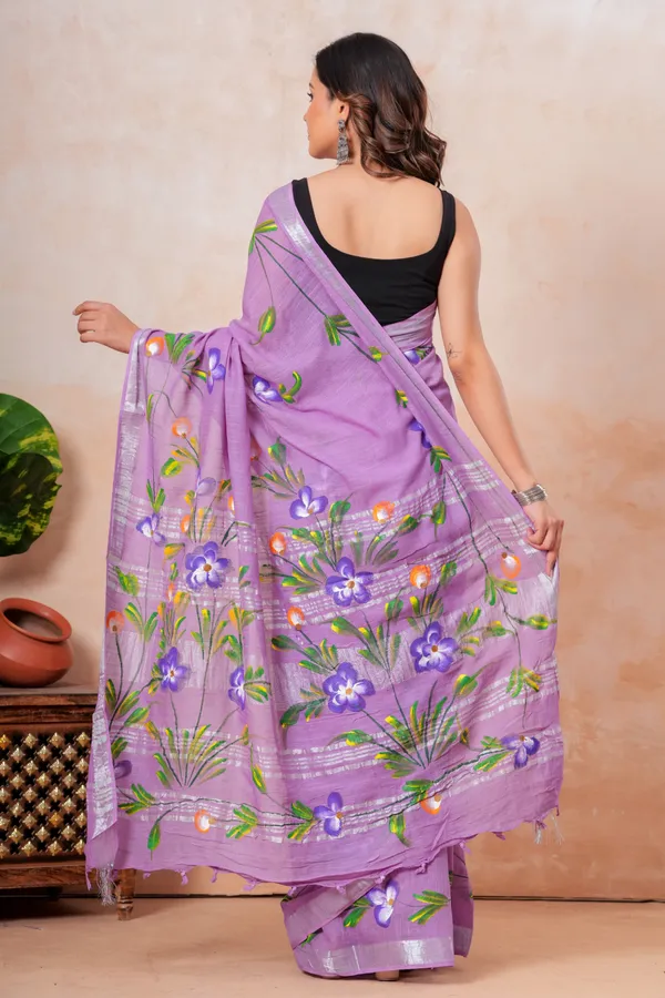 Purple_Floral_Embroidered_Linen_Saree_With_Silver_Border