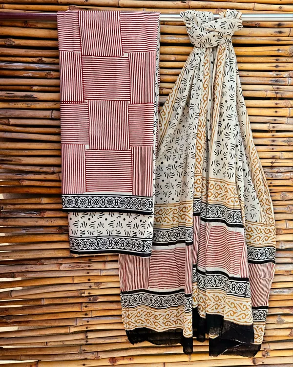 Block_Print_Cotton_Mulmul_Suit_Set_With_Dupatta_Maroon_And_Beige