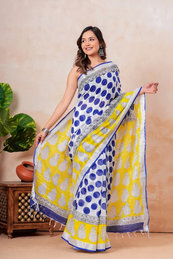 Yellow_And_Blue_Banarasi_Silk_Saree_With_Silver_Zari_Buti_Work
