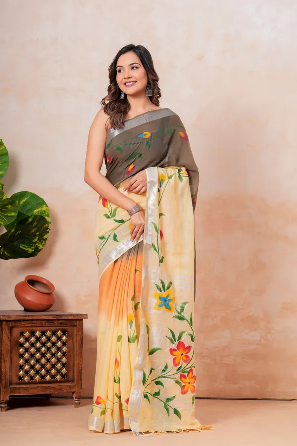 Hand_Painted_Floral_Saree_With_Silver_Border