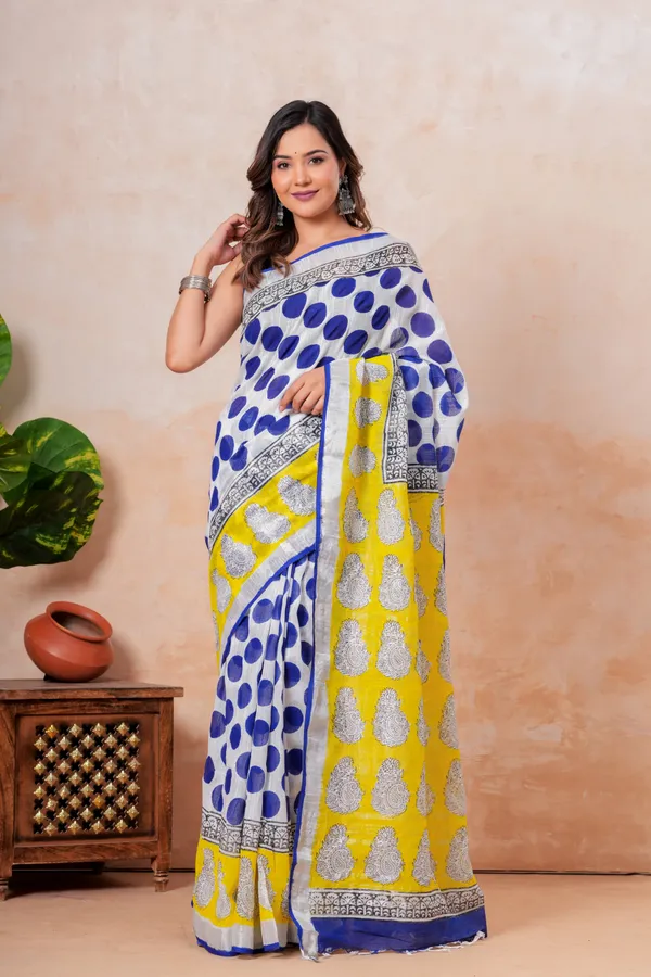 Yellow_And_Blue_Banarasi_Silk_Saree_With_Silver_Zari_Buti_Work