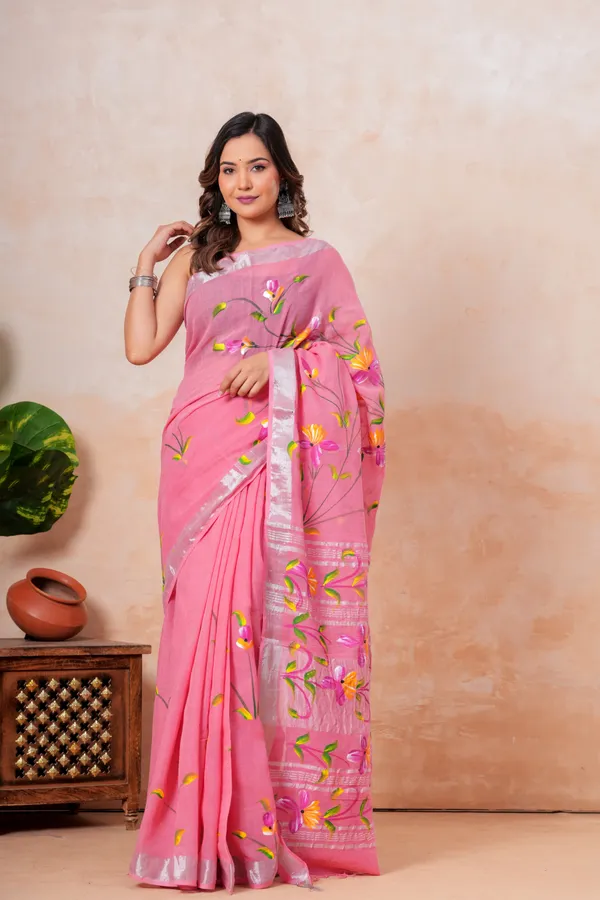Pink_Floral_Embroidered_Jamdani_Saree_With_Silver_Border