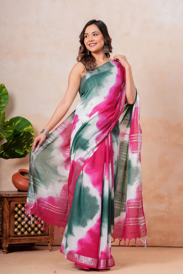 Tie_Dye_Linen_Saree_With_Silver_Zari_Border_Pink_And_Green