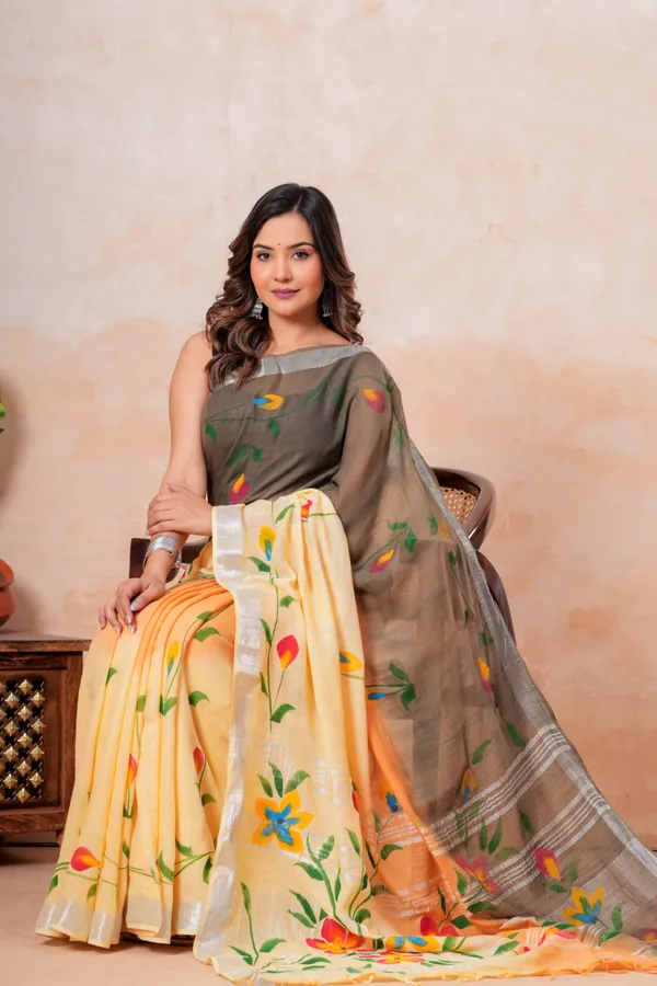 Hand_Painted_Floral_Saree_With_Silver_Border