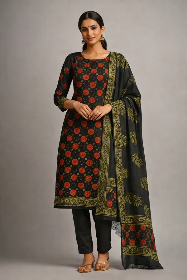 Traditional_Black_Mulmul_Suit_Set_With_Red_Floral_Print_And_Yellow_Border