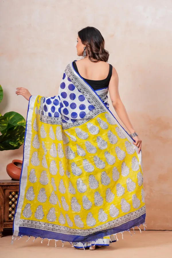 Yellow_And_Blue_Banarasi_Silk_Saree_With_Silver_Zari_Buti_Work