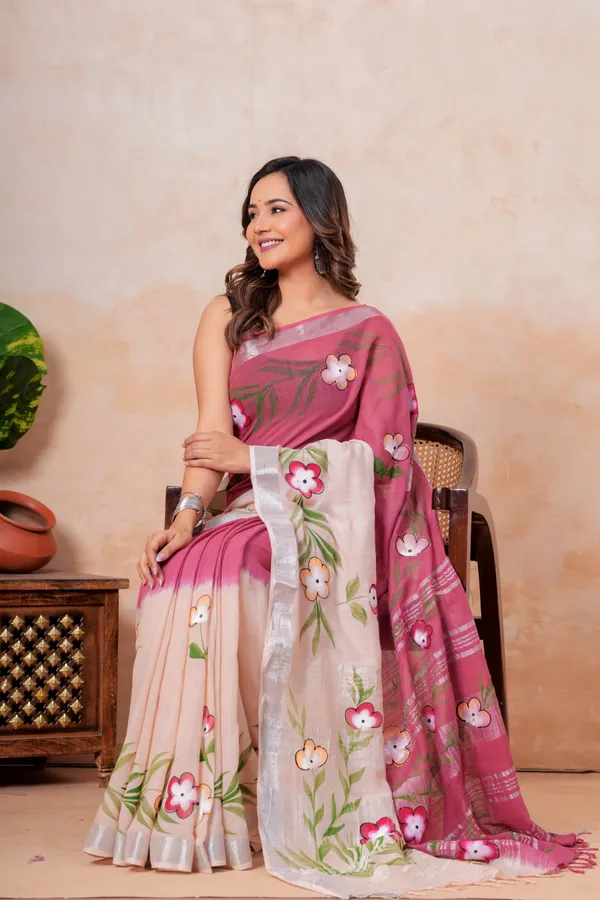 Pink_And_White_Floral_Hand_Painted_Linen_Saree_With_Blouse