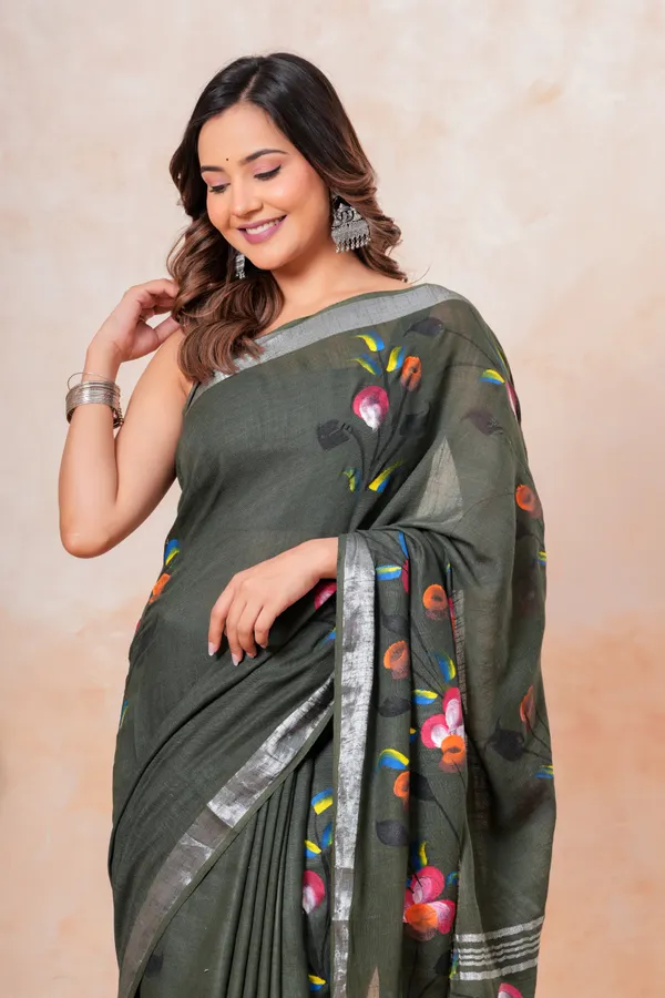 Elegant_Olive_Green_Floral_Embroidered_Saree_With_Silver_Border