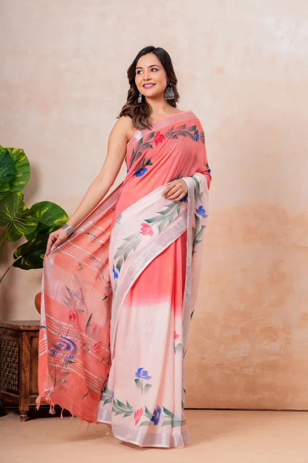 Floral_Printed_Linen_Saree_With_Blouse_Pink_And_White