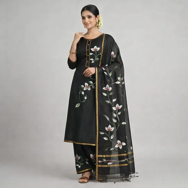 Hand_Painted_Floral_Black_Chanderi_Silk_Suit