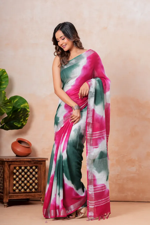 Tie_Dye_Linen_Saree_With_Silver_Zari_Border_Pink_And_Green
