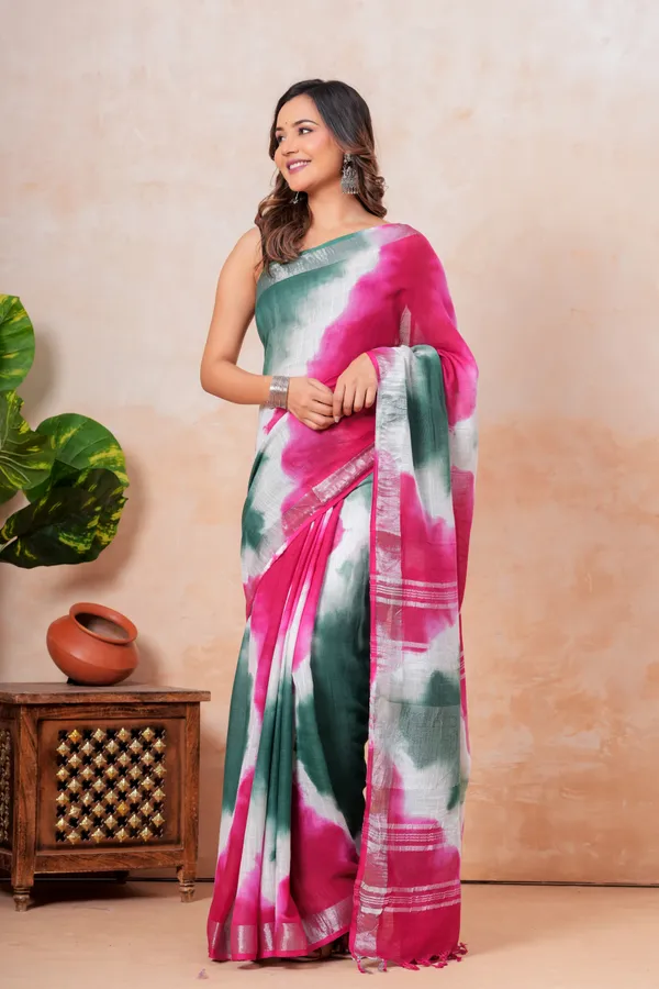 Tie_Dye_Linen_Saree_With_Silver_Zari_Border_Pink_And_Green