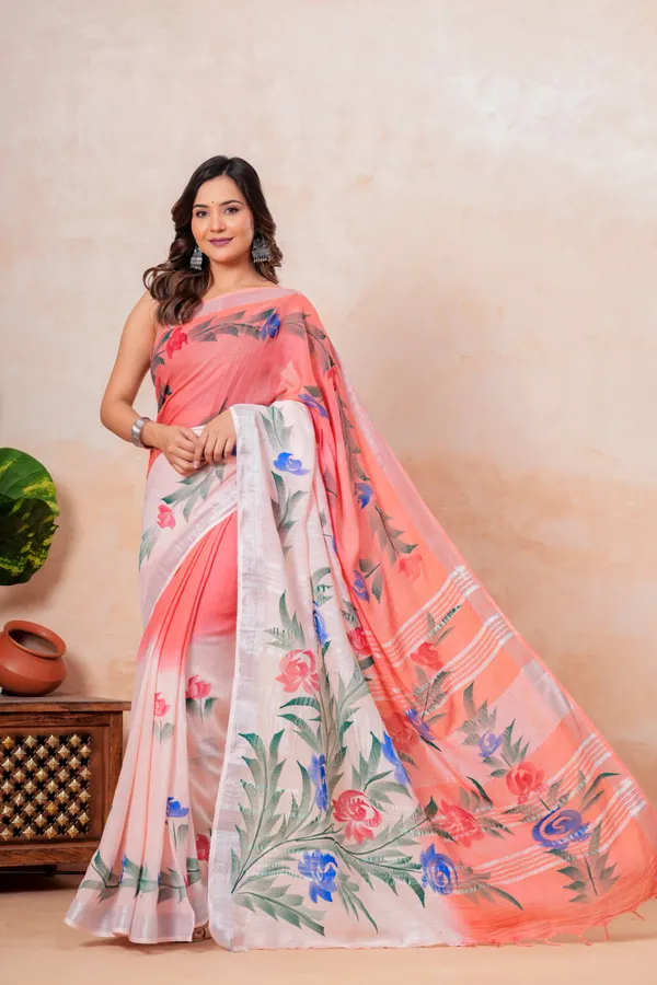 Floral_Printed_Linen_Saree_With_Blouse_Pink_And_White