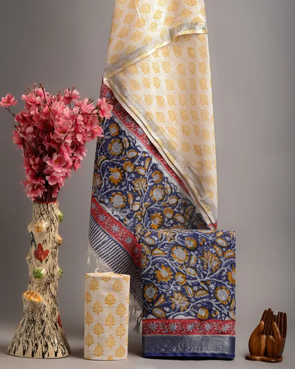 Yellow_And_Blue_Hand_Block_Printed_Cotton_Linen_Suit_With_Floral_Motifs