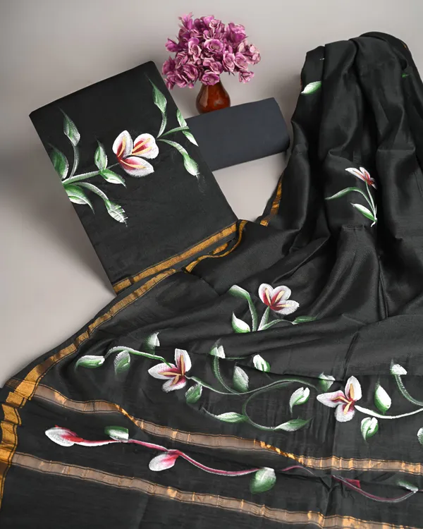 Hand_Painted_Floral_Black_Chanderi_Silk_Suit