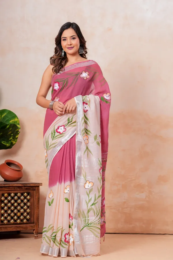 Pink_And_White_Floral_Hand_Painted_Linen_Saree_With_Blouse