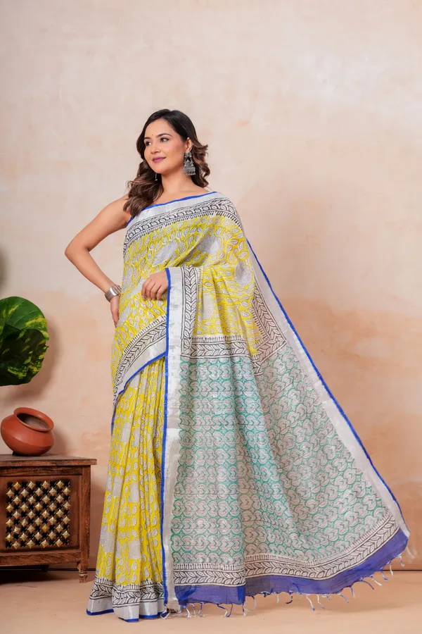 Yellow_Handloom_Block_Printed_Saree_With_Blue_Border